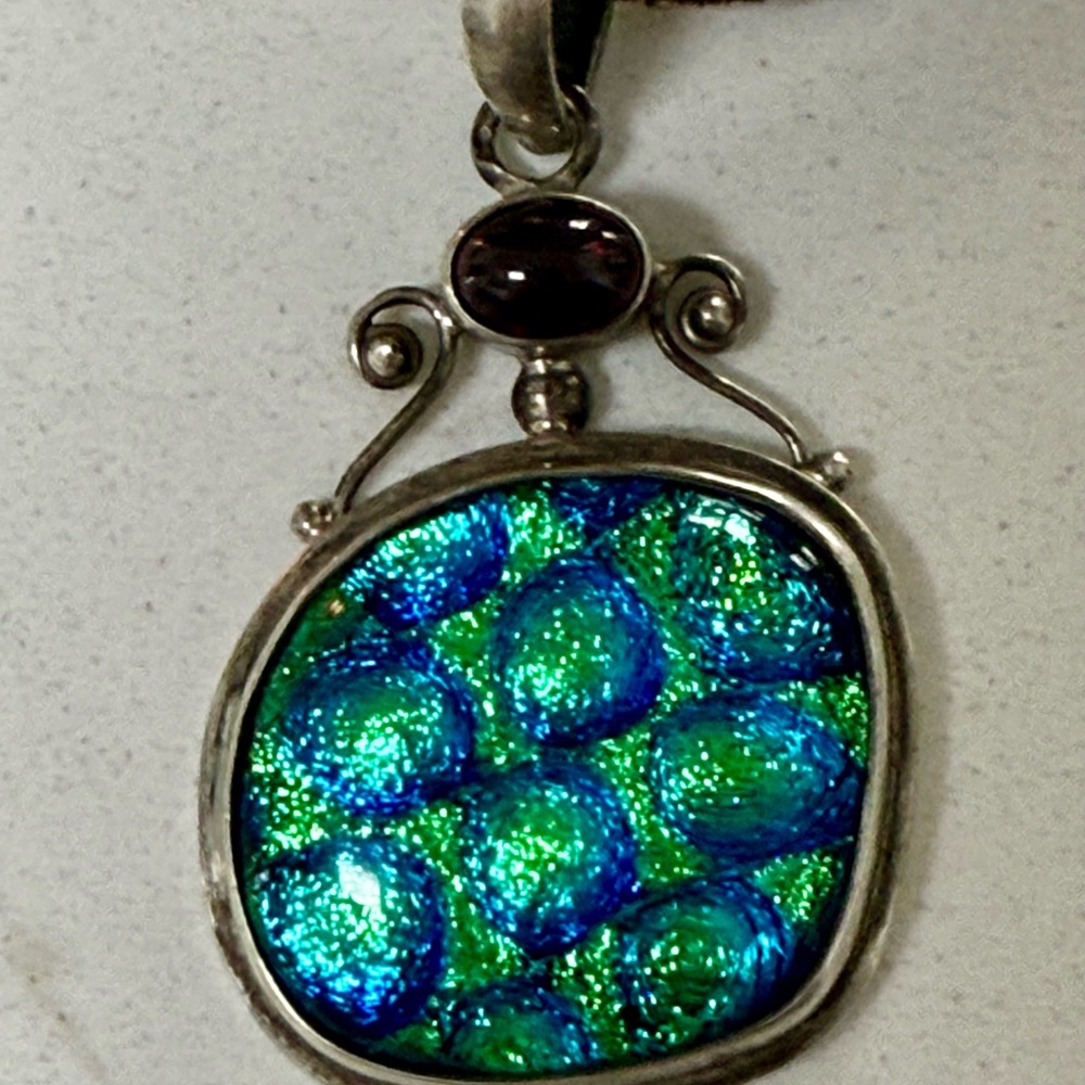 Handmade Dichroic Glass and Amber set in Sterling Silver Pendant Necklace